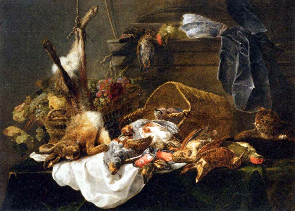 Venison and Basket of Grapes Watched by Cat
